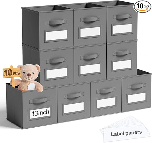 Teenyyou 10 Pack Fabric Storage Cubes 13 Inch Collapsible Cube Bins with Label Window & Handle Foldable Organizers Baskets for Shelf Closet Nursery Kids Room Clothes Book Toy(Gray) by Teenyyou