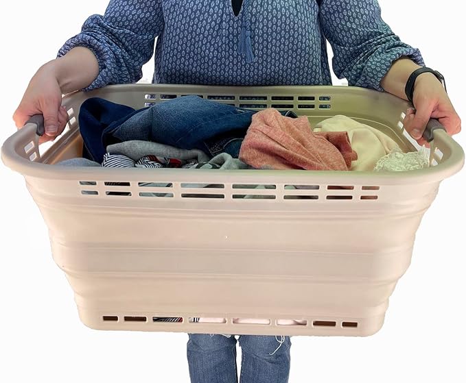 SAMMART 42L (11 Gallons) Collapsible Plastic Laundry Basket - Foldable Pop Up Storage Container/Organizer - Portable Washing Tub - Space Saving Hamper/Basket [BPA Free] (Apricot/Brown) - Image 6