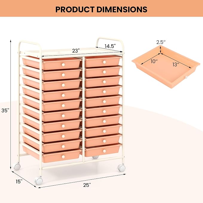 RELAX4LIFE 20-Drawer Rolling Storage Cart - Mobile Rolling Cart w/Drawers for School Classroom Teacher Office Home Salon, Paper File Art Supply Craft Organizer, Utility Cart on Wheels (Pink) - Image 3