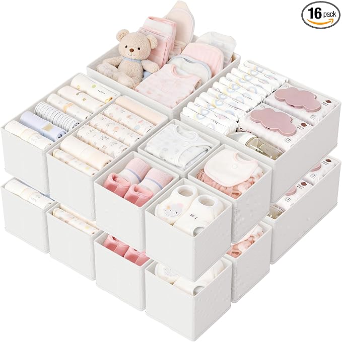 Drawer Organizer, 16 Pack Baby Dresser Organizer for Nursery, Foldable Closet Organizers and Storage Dresser Dividers for Clothes, Socks, Scarves, Ties (White) by Unknown