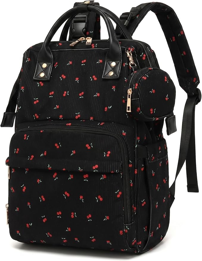 Baby Diaper Bag Backpacks for Mom Dad, Corduroy Large Capacity Multifunction Nappy Bag with Pacifier Case, Baby Travel Essentials Diaper Backpack for Boys Girls - Cherry Black by Unknown