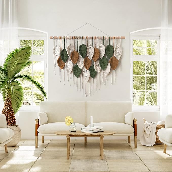 Large Macrame Wall Hanging Boho Woven Tapestry Chic Home Decor Wall Art | KHOYIME Modern Bohemian Handmade Leaf Feather Decoration for Apartment Dorm Living Room Bedroom Nursery Backdrop 39"W X29.5"L - Image 6
