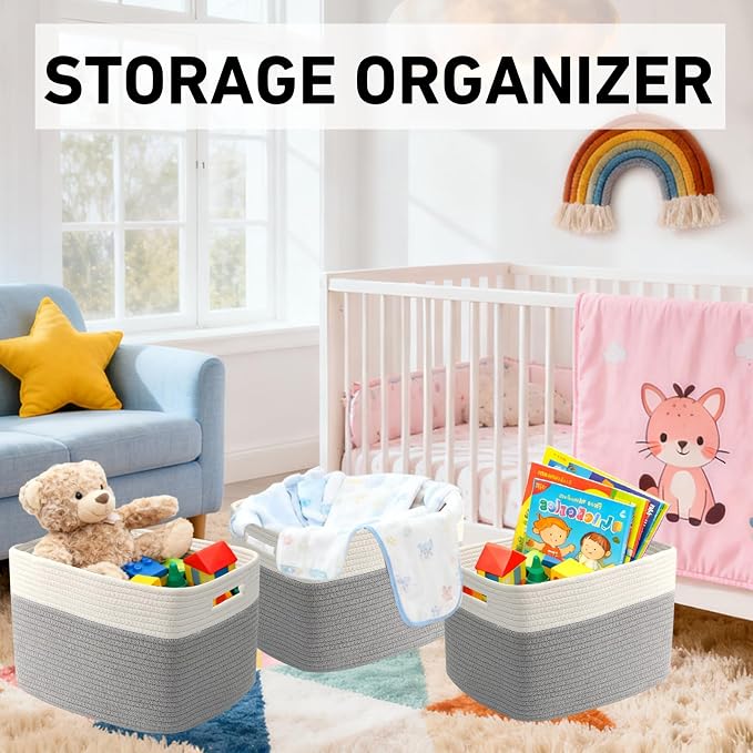 3 Pack Woven Baskets,Storage Baskets for Shelves with Handles | 13.5"×11"×9.5", Closet Baskets, Nursery Organizer for Toys Towels Books, Storage Bin for Living Room Bedroom (White & Grey) - Image 4