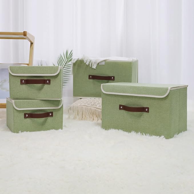 ANMINY Fabric Storage Box Bins with Lids, Green, 13"x9"x7.9", 4 Pack | Keepsake Memory Storage, Cotton Linen, PP Board Reinforced, Washable, PU Handles, Foldable & Stackable, Decorative, Medium - Image 6