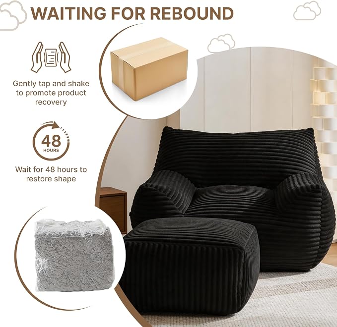 Oversized Bean Bag Chair with Ottoman, Bean Bag Couch with 2 Side Pockets, Corduroy Boneless Couch Chair in a Box, Comfy Lounge Chair for Living Room, Bedroom, Dorm, Black - Image 8