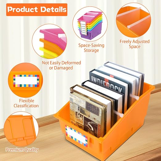6 Pack Picture Book Bins with Dividers Plastic Book Holders with Labels Stackable Classroom Organization Bins Magazine File Binder Holder Storage Container for Library Home Office(Fluorescent Color) - Image 3
