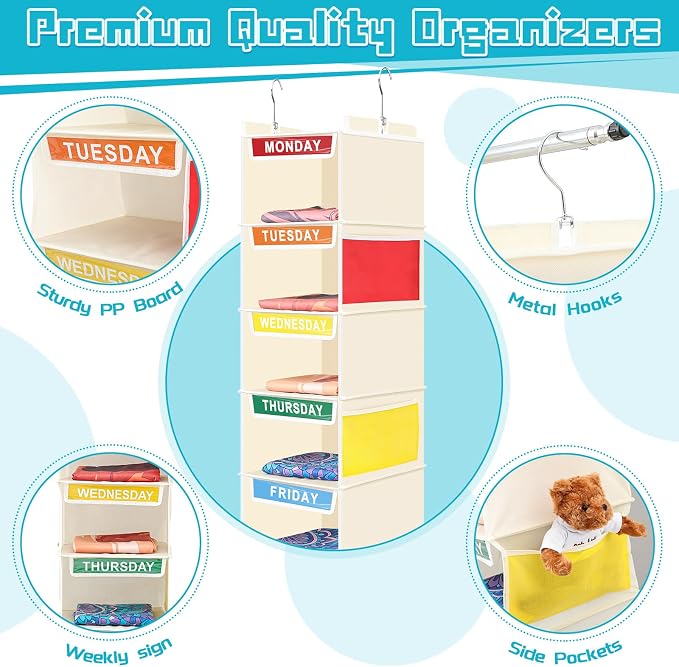 2 Pcs 7 Shelf Weekly Clothes Organizer for Kids Hanging Closet Organizer 11. 8 x 11. 8 x 50 Inches Daily Activity Kids Clothes Storage Drawers Cube Drawers Closet Hanging Shelves(Beige) - Image 3