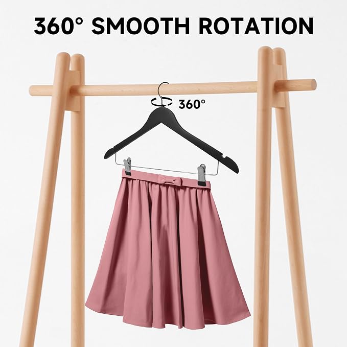 Wooden Hangers with Adjustable Metal Clips, 24-Pack, Black | Solid Wood Hangers with 360° Rotatable Hook for Skirt, Dress, Coats, Jacket and Pants, Space-Saving and Non-Slip Design - Image 3