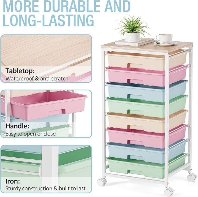 Rolling Storage Cart, Rainbow Cart with 8 Drawers and Wooden Tabletop, Teacher Organization for Classroom, Art Cart for Classroom,Office,Bedroom,Rainbow | Teacher Organization for Classroom, Art Cart for Office,Bedroom,Craft Room - Image 5