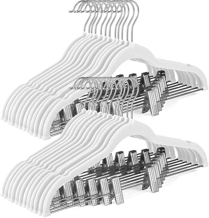 HOUSE DAY Velvet Skirt Hangers 24 Pack, White Velvet Hanger with Adjustable Clips, Space Saving Slim Pant Hangers, Heavy Duty Non Slip Clip Hanger for Pants, Skirts, Shorts | Velvet Hanger with Adjustable Clips, Space Saving Velvet Pant Hangers, Heavy ... by HOUSEDAY