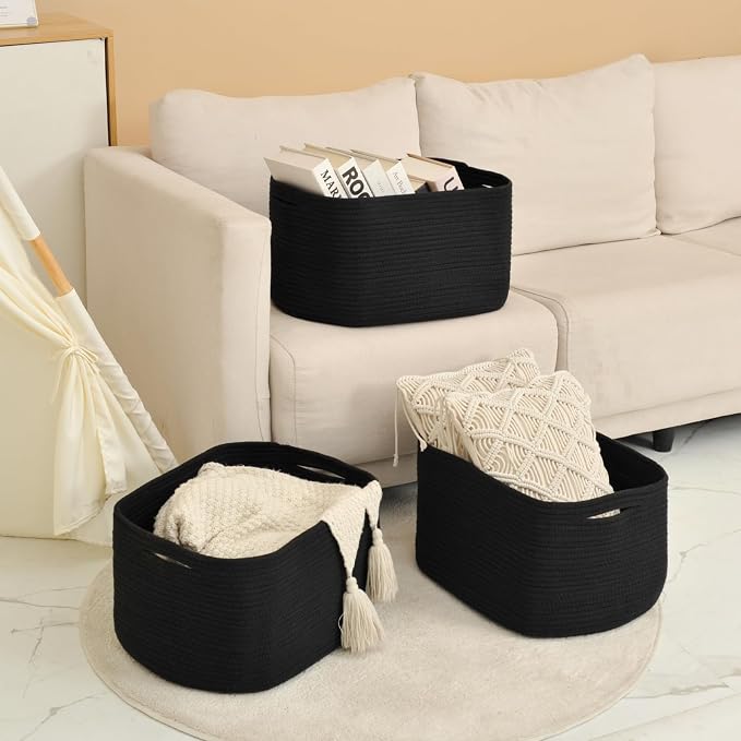 ICERZCZ Large Storage Baskets for Organizing Shelves, Woven Cotton Rope Bins for Baby Nursery Organization, Book Toy Towel Organizer, 17"x13"x9.5", 3 Packs, Black - Image 6