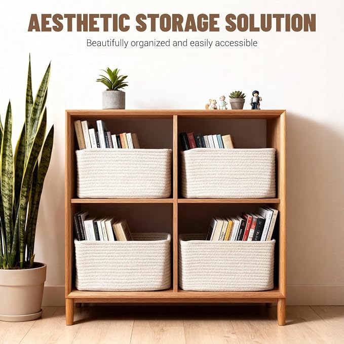 5 Pack Woven Storage Baskets, Decorative Storage Bins for Organizing | 13.8'' × 9.8'' × 7.9'', Soft Cotton Rope Basket Organizer for Closet, Shelves, bathroom, Nursery, Toys, Books, Pantry, White - Image 2
