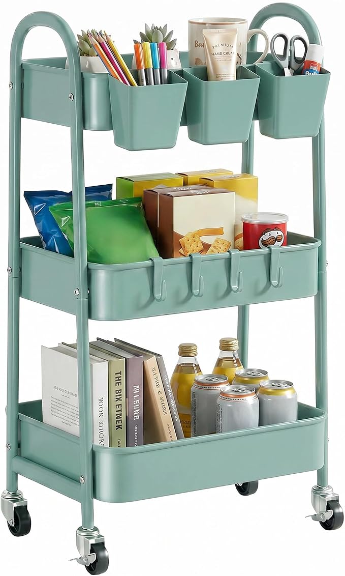danpinera 3-Tier Rolling Cart, Utility Cart Mobile Metal Rolling Storage Cart with Lockable Wheels & Hanging Cups & Hooks for Kitchen, Bathroom, Office, Workshop, Green by danpinera