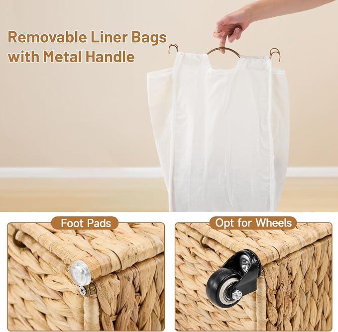 Laundry Hamper with Wheels, 52.8 Gallon(200L) Water Hyacinth Laundry Basket with Lid, 3-Section Wicker Clothes Hamper with 3 Removable Liners, Laundry Sorter with Side Pocket, Natural - Image 6