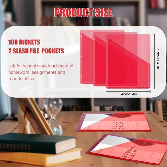 Seajan 100 Pcs Binder Pocket Folders, Clear 3 Ring Binder, Red | Plastic Folders Sleeves with 2 Pockets, Poly Slash File Jackets, 3 Hole Punched Dividers for School, Office, Documents - Image 2