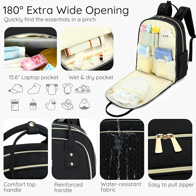 AIJIEKE Diaper Bag Backpack, Large Multi-functional Diaper Backpack, Black | Waterproof lightweight baby backpack. With changing pad, stroller straps, insulated & wet/dry pockets. Mom & dad essential - Image 4