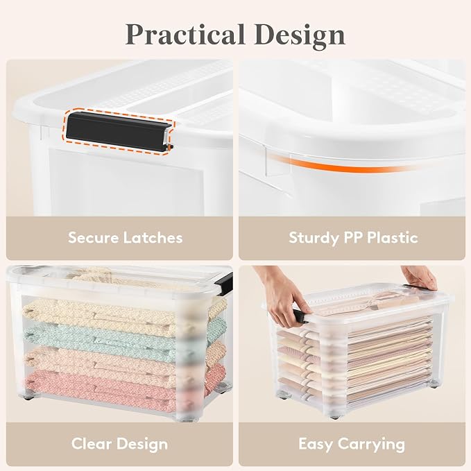 Lifewit 34Qt Storage Bins with Lids, Plastic Large Latches Boxes with Wheels, Clear Totes Tubs Container for Closet Organizers and Storage, Bedroom, Clothes, Craft, 6 Pcs - Image 8