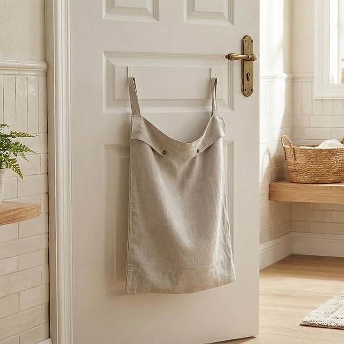 100% Linen Hanging Laundry Hamper Bag 22x36 Inch, Over the Door with 2 Buttons and Bottom Zipper Saving Space Wall Back organizers For Dirty Clothes Dorm Travel College Camp Sock big Capacity - Image 6