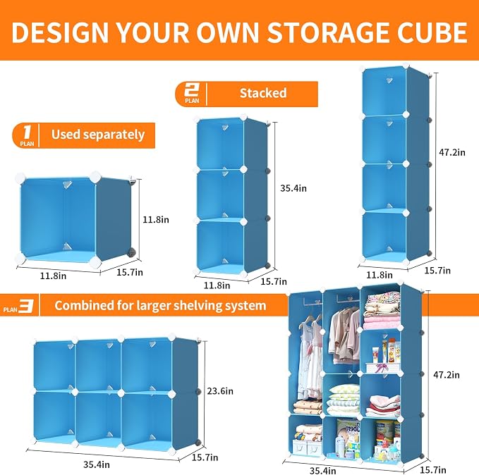 VIPZONE Baby Dresser, Kids Closet Organizers, Portable Kids Wardrobe for Closet, Bedroom, Nursery, Cubby, Cabinet, Clothes, Dress, Baby Storage Shelf, Armoire Clothes Hanging (Blue) - Image 4