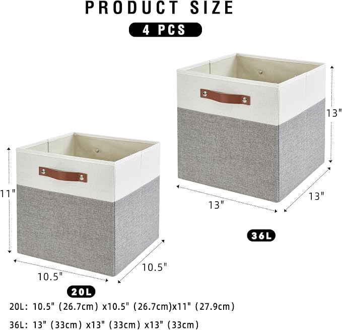 Collapsible Fabric Storage Cube Bins with 2 Reinforced PU Handles, Foldable Storage Organizer Baskets for Closet, Shelves, Living Room | 11"x11"x11", 4 Pack, Gray & White - Image 2