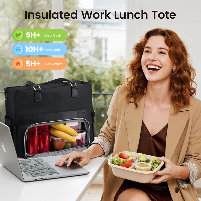 LOVEVOOK Insulated Lunch Tote Bag for Women, Work Bag for Women with Cup Holder, Large Capacity Teacher Bag with Laptop Compartment, Water Resistant Nurse Tote for Travel, College, 17.3 Inch Black - Image 2