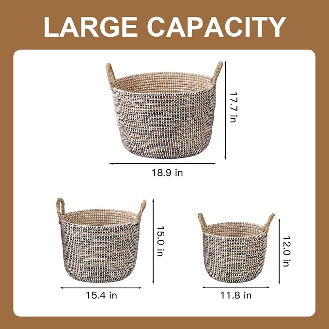 Laundry Basket with Handles - Set of 3 Woven Seagrass Storage Baskets, Large Hamper for Clothes Toys Blankets Dirty Laundry Organizer, Storage Bin for Bedroom, Bathroom - 31.5L, 17.4L, 8.4L - Image 6