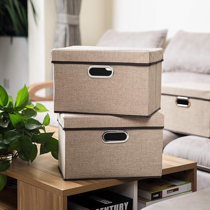 Collapsible Storage Cubes with Lids [3-Pack] Jute Fabric Foldable Storage Boxes Organizer Containers Baskets Bins with Cover for Home Bedroom Closet Office Nursery (14.9x9.8x9.8) - Image 2