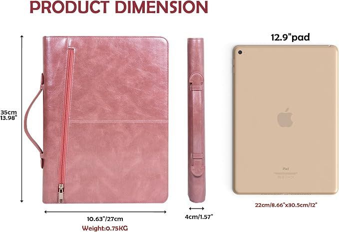 AZXCG Portfolio Binder, Pink Padfolio with Handle and Zipper,Leather Padfolio for Women,Professional Business Portfolio Organizer with A4 Notepad Holder for School,Work - Image 3