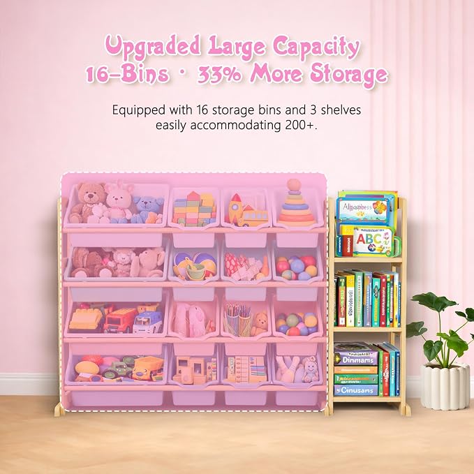 Kids Toy Storage Organizer with Bookshelf – Wooden Shelf with 16 Bins & 3 Shelves, Quick Assembly Storage Rack for Playroom, Bedroom, Nursery– Colorful - Image 5