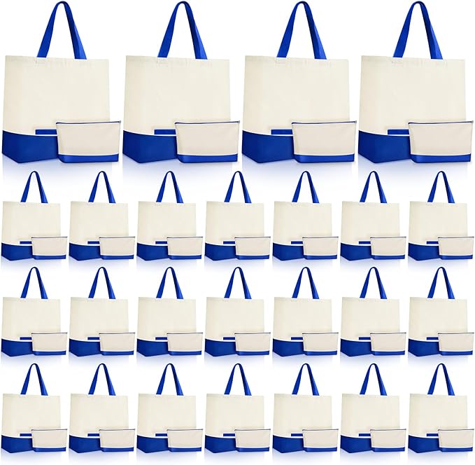 Sanwuta 50 Pcs Canvas Tote Bags Bulk with Zipper Cosmetic Pouch,Blue | 18.5" Reusable Cotton Shopping Bag with Handle for DIY Craft by Sanwuta
