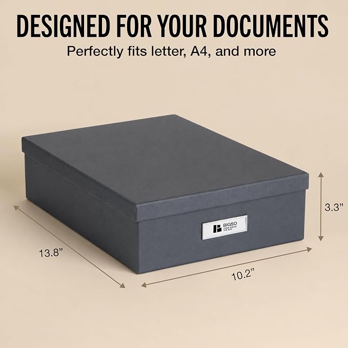 Bigso Oskar Fiberboard Label Frame Document Letter Box - File Organizer Box for Important Paperwork - Document Storage with a Lid & Metal Label Window - 3.3 in x 10.2 in x 13.8 in - Dark Grey - Image 5