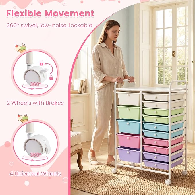 15 Drawer Rolling Storage Cart, Rolling Cart with Drawers for Classroom, Art Supply Craft Organizer on Wheel with Metal Frame & Handles for Home Office School (Ice cream color, 15 Drawer) - Image 6