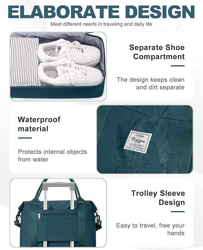 Travel Duffel Weekender Bag Women Tote Carry On Bags With Shoe Compartment | 18x14x8 inches Travel Overnight Bags with Trolley Sleeve for Airplanes Sport Tote Gym for Men Lightweight Daypack DarkBlue - Image 5