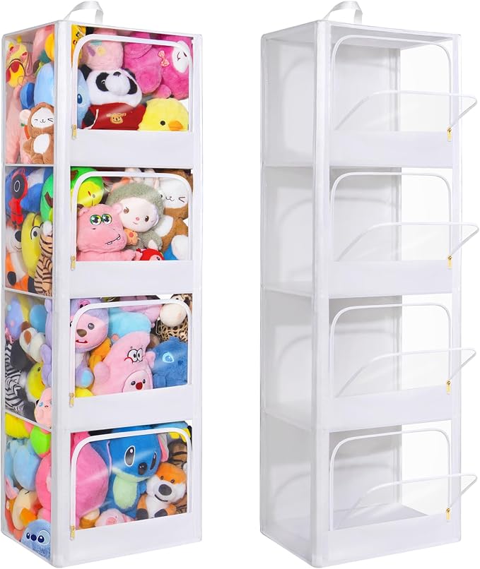 Transparent Dustproof Stuffed Animal Storage - Plushies Storage with Zipper Easy Find Items More Capacity Toy Organizer Horizontal & Vertical Dual-Use 4-Tier Space-Saving Organizer for Kids Room by Toread