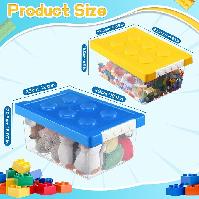 4 Pack Toy Storage Containers with Lids Brick Shaped Kids Toy Organizer Box Plastic Clear Stackable Bin Chest for Building Block Dolls(Large, X-Large,Red, Yellow, Blue, Green) - Image 2