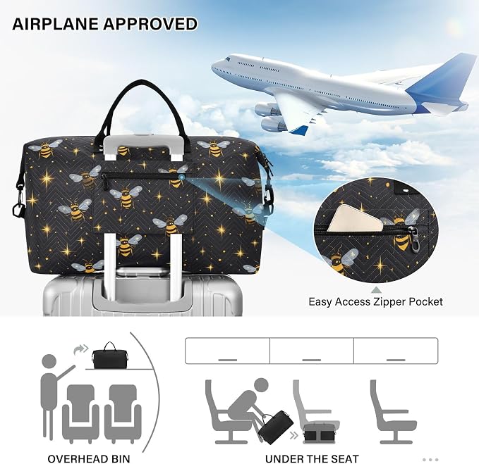 Large Travel Duffel Bag Sports Tote Gym Bag Overnight Weekender Bags Golden Bee Queen Crown Pattern Carry On Luggage with Toiletry Bags - Image 5