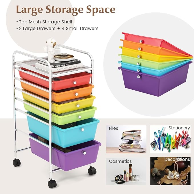 GOFLAME 6-Drawer Rolling Storage Cart, Multifunctional Art Craft Organizer Cart, Mobile Utility Storage Cart with Removable Drawers & Lockable Wheels, Craft Cart for Home Office, School, Multicolored - Image 4