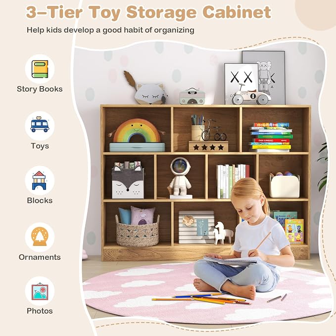 HONEY JOY Kids Toy Storage Organizer, 10-Section Wooden Floor Storage Cabinet, 41” Daycare Toy Chest, 3-Tier Kids Display Bookshelf for Classroom, Playroom & Nursery, Kindergarten (Natural) - Image 4