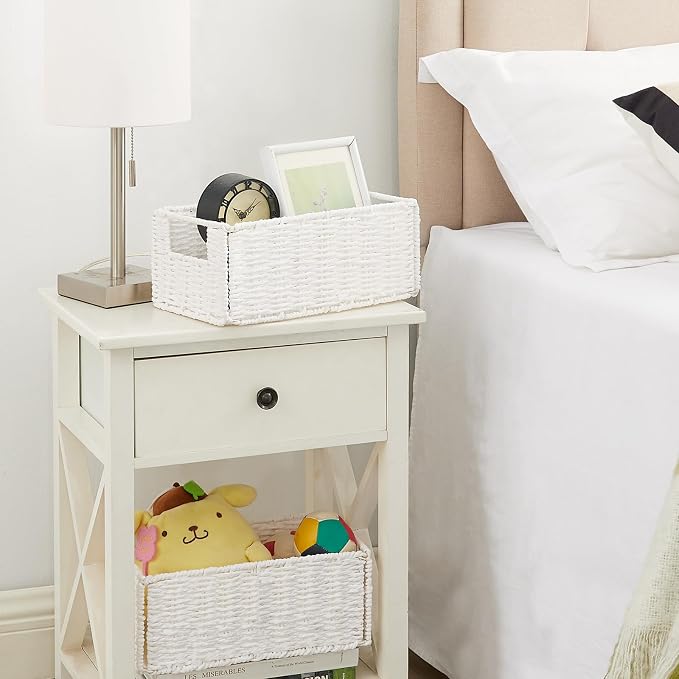Wicker Storage Basket, Set of 2 Hand-Woven Paper Rope Wicker Basket, Small Storage Baskets for Organizing Toilet Paper Basket, Foldable Large Cube Storage Organizer Bins for Shelves (White) - Image 3