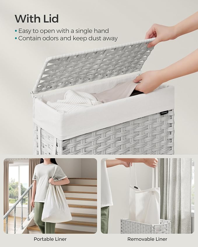 SONGMICS Slim Laundry Hamper with Lid, 14.5 Gallon (55L) Rattan Clothes Laundry Basket with Lid and Handles, Foldable, Removable Liner, Cloud White ULCB164W01 - Image 3