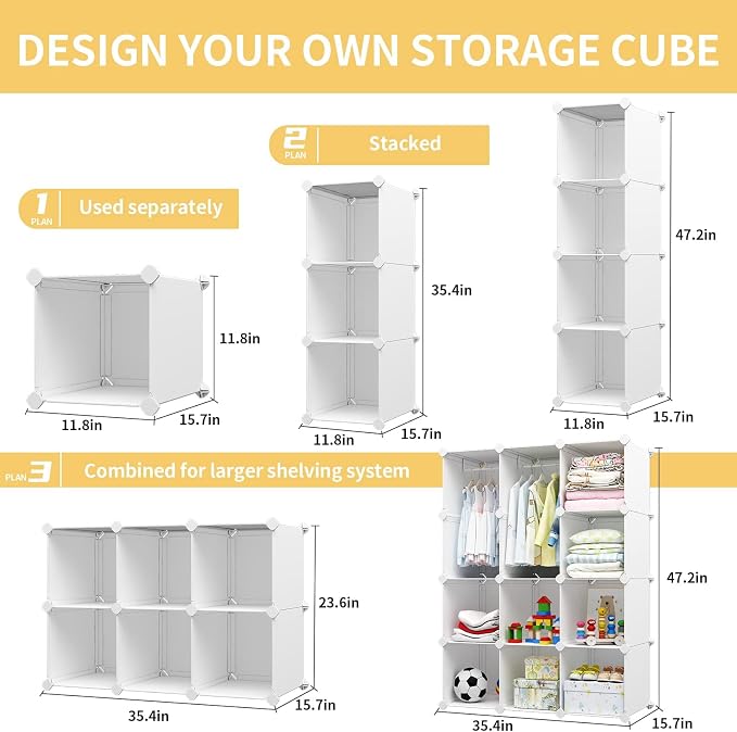 VIPZONE Baby Closet,Dresser, Kids Closet Organizers, Portable Kids Wardrobe for Closet, Bedroom, Nursery, Cubby, Cabinet, Clothes, Dress, Baby Storage Shelf, Armoire Clothes Hanging (12 Cube, White) - Image 2