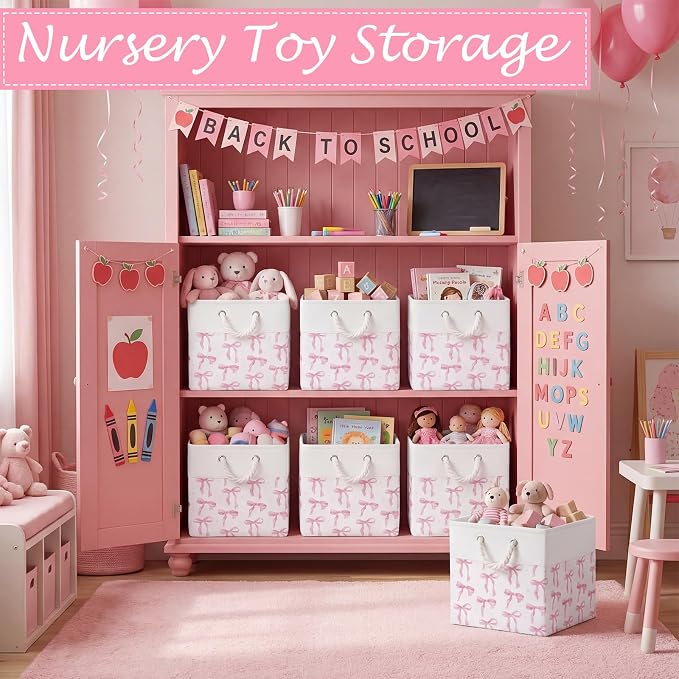 LemonRoad 6 Pcs Pink Bow Cube Storage Bins Square 11.22 Inch Storage Basket with Handle Preppy Girl Organizer Basket Collapsible Fabric Box for Classroom Bedroom Office Home Decoration Gift - Image 5