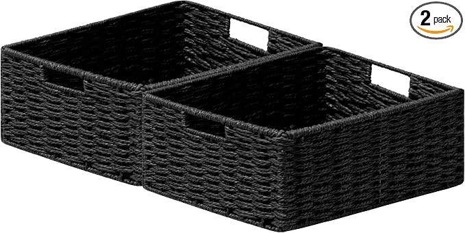 joybest Black Wicker Baskets for Shelves, Hand-woven Storage Baskets | 13L x 10W x 5H inch for Pantry, Kichen Organizing, Foldable Rectangular Bin with Handles, 2-pack by joybest