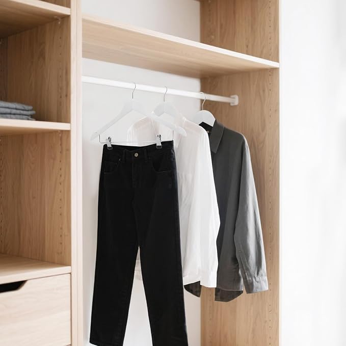 Wooden Hangers with Adjustable Metal Clips, 24-Pack, White | Solid Wood Hangers with 360° Rotatable Hook for Skirt, Dress, Coats, Jacket and Pants, Space-Saving and Non-Slip Design - Image 7