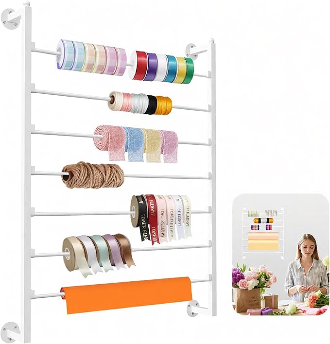 7-Tier Wall Mount Ribbon Holder Organizer Rack | Large Capacity Metal Ribbon Storage for Craft Room, Wrapping Paper, Scarf, Belt & Flower Shop Display by Unknown
