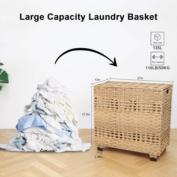 OIAHOMY Laundry Hamper with Lid, 140L Clothes Hamper with 3 Removable Liner Bags, Foldable Basket with Lid, Synthetic Wicker Laundry Basket for Bedroom, 27x 13 x 26 Inches, Yellow - Image 3