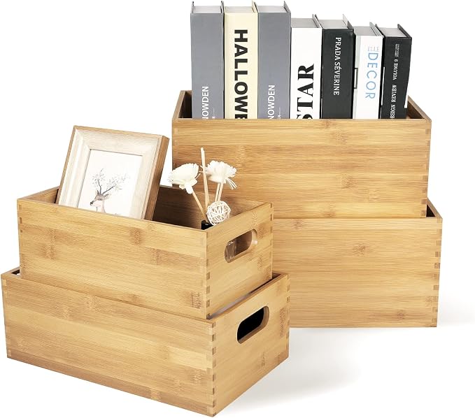 ANMINY Bamboo Storage Bins, Nesting 4PCS, Sturdy Mortise-Tenon Joint | Natural Bamboo Wood Boxes, Built-in Handles, Nestable for Space Saving, Sturdy Corner Joints, Decorative, for Pantry Shelf - Image 7