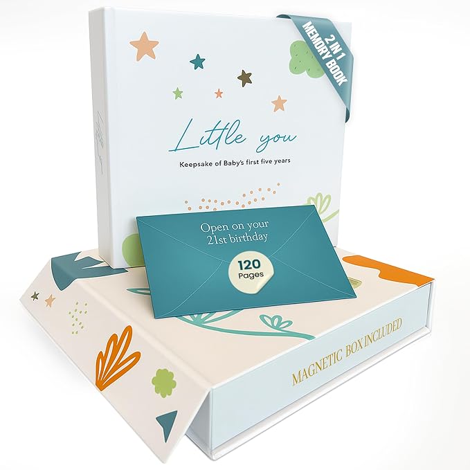 Baby Books Keepsake - Pregnancy Journal & Baby Memory Book, Age 0-5 | 120-page hardcover baby memory book with pregnancy journal, photo pockets, milestone pages, and letter envelope for age 21 by RAYTISS