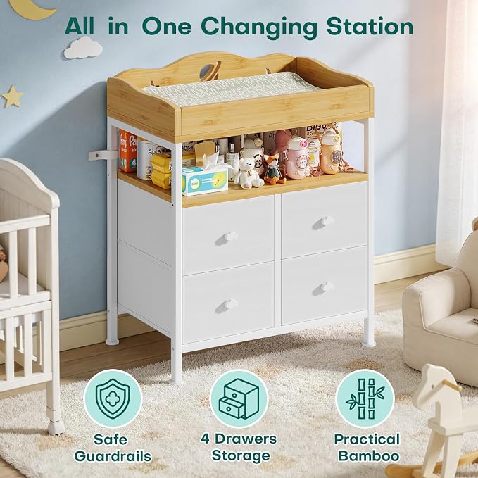 POKIPO Bamboo Changing Table Dresser with Sturdy Metal Frame, 4 Fabric Drawers, 3-in-1 Baby Dresser with Changing Table Top, Diaper Changing Station and Storage Organizer for Modern Nursery - Image 3