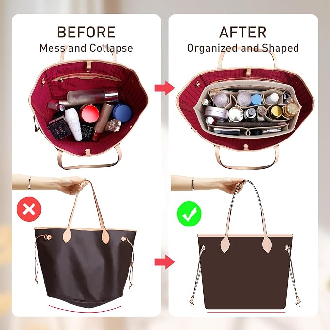 Tote Bag Organizer Insert with Base Shaper, Felt Neverfull MM Organizer, Purse Organizer Insert with Zipper Pocket and Bottle Holder, Fits Speedy 30 Neverfull MM Tote Handbags and More,Beige-L - Image 3